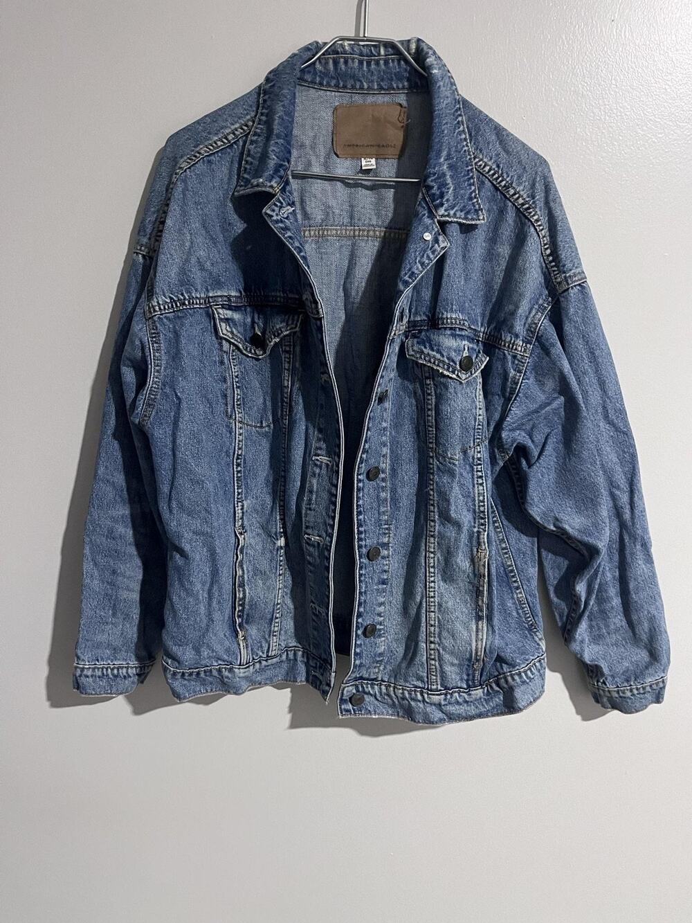 American Eagle Jacket Mens XL Blue Denim Bomber Collared Pockets Cotton Button - Picture 1 of 16